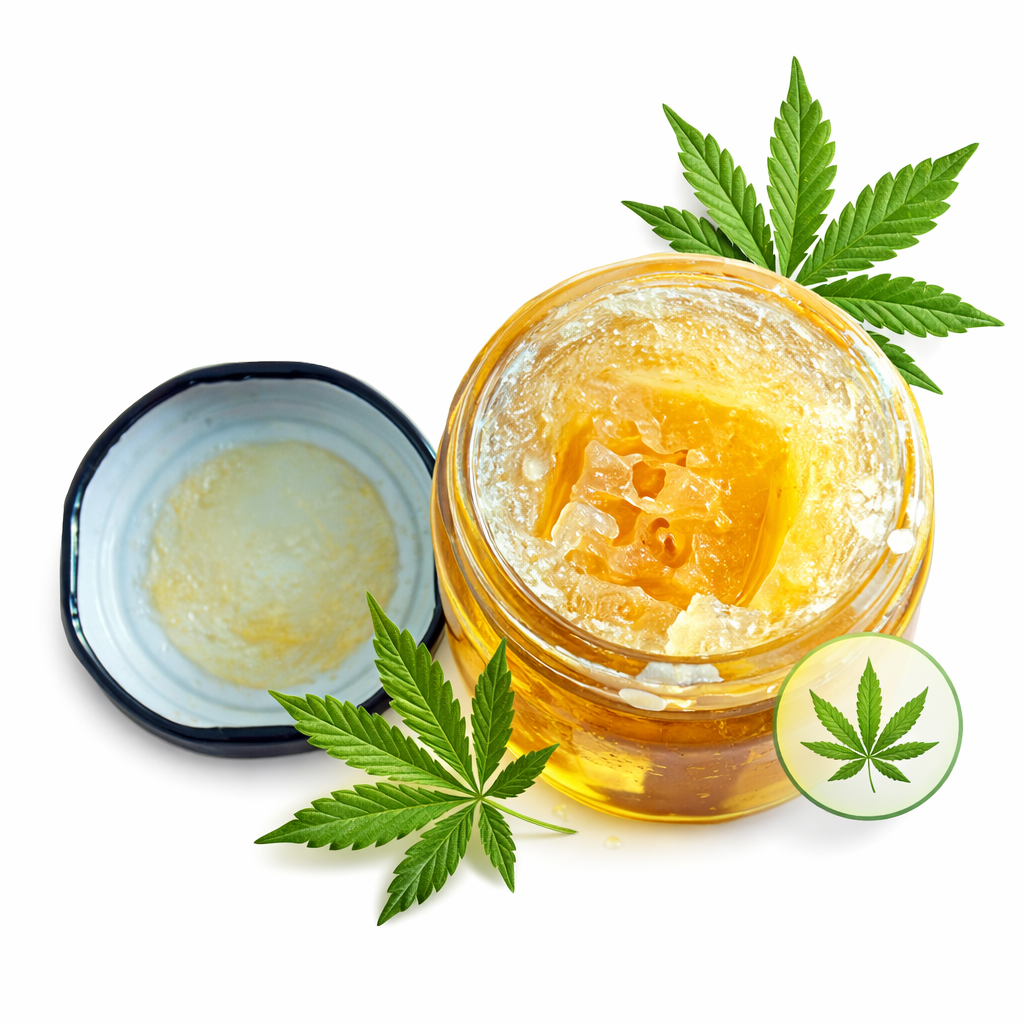CBD jelly jar with amber gel texture and visible green cannabis leaves