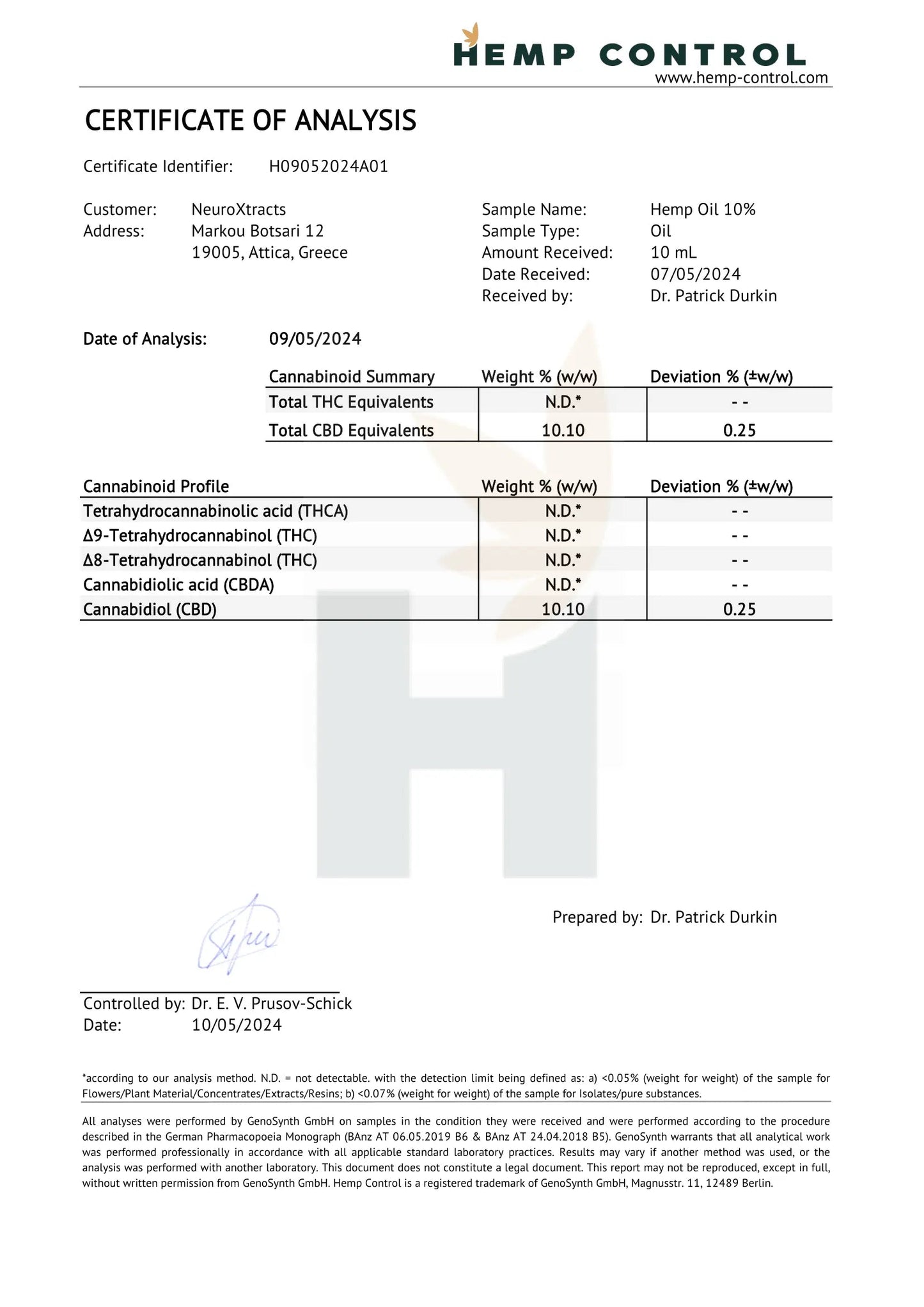 Certificate of analysis document for hemp oil, includes cannabinoid test results