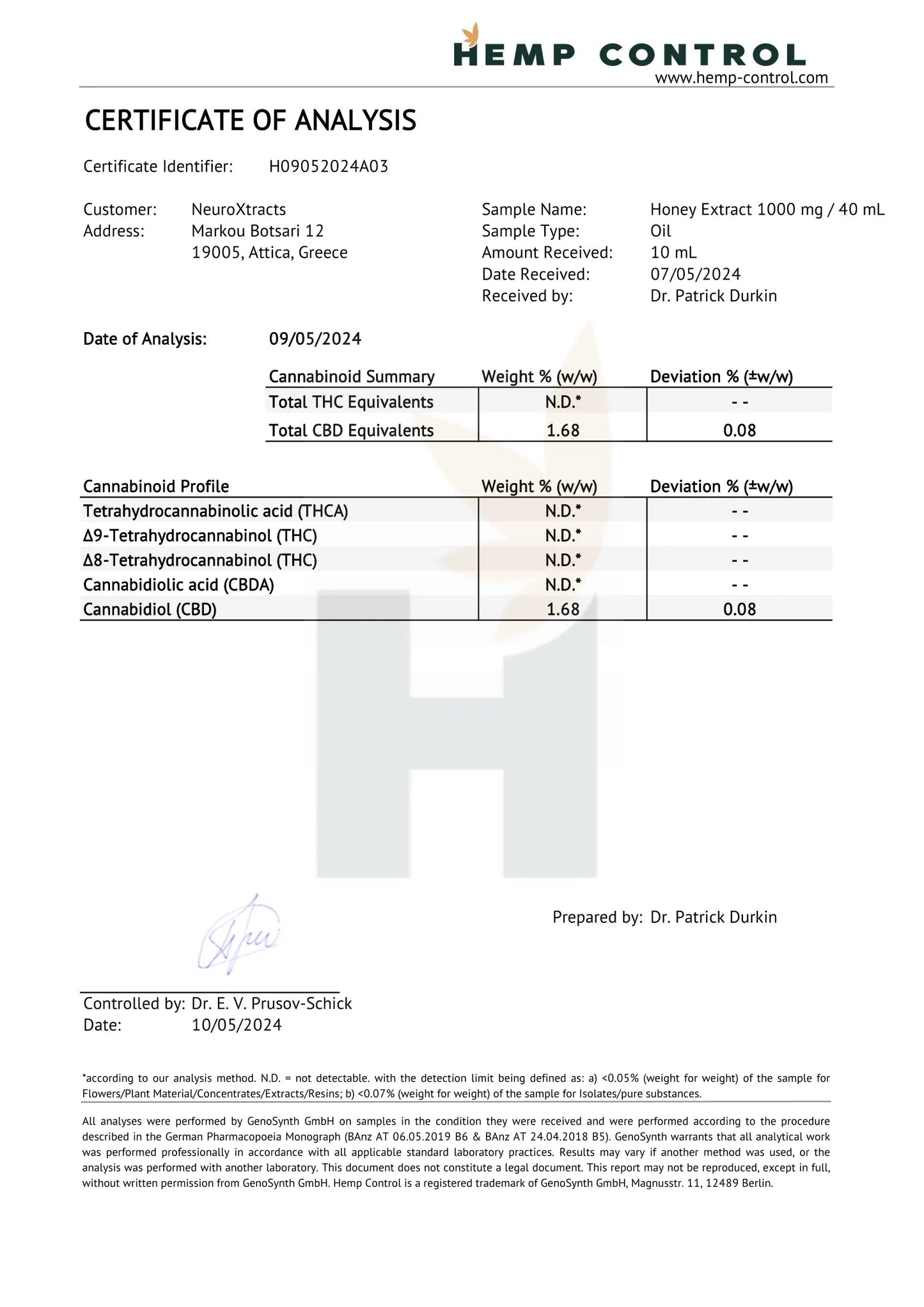 Certificate of Analysis sheet, Honey extract 1000 mg/40 ml cannabinoid results