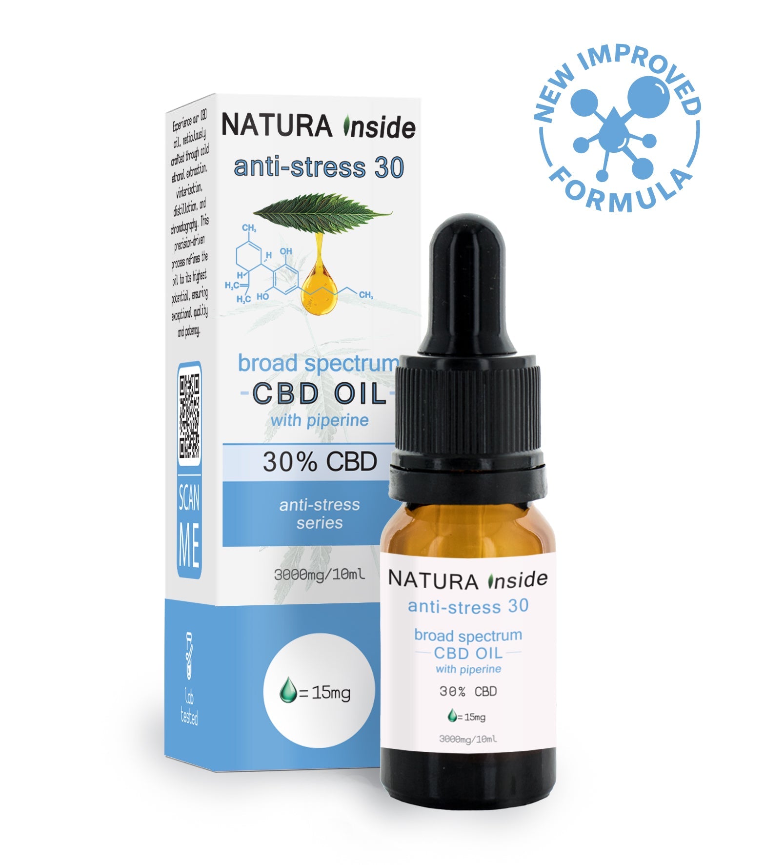 Broad spectrum CBD oil bottle with dropper and anti-stress 30 box, 30% CBD