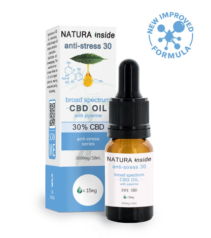 Broad spectrum CBD oil bottle with dropper and anti-stress 30 box, 30% CBD