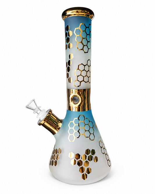 40 cm Crystal Blue & Gold Honeycomb Glass Beaker Bong