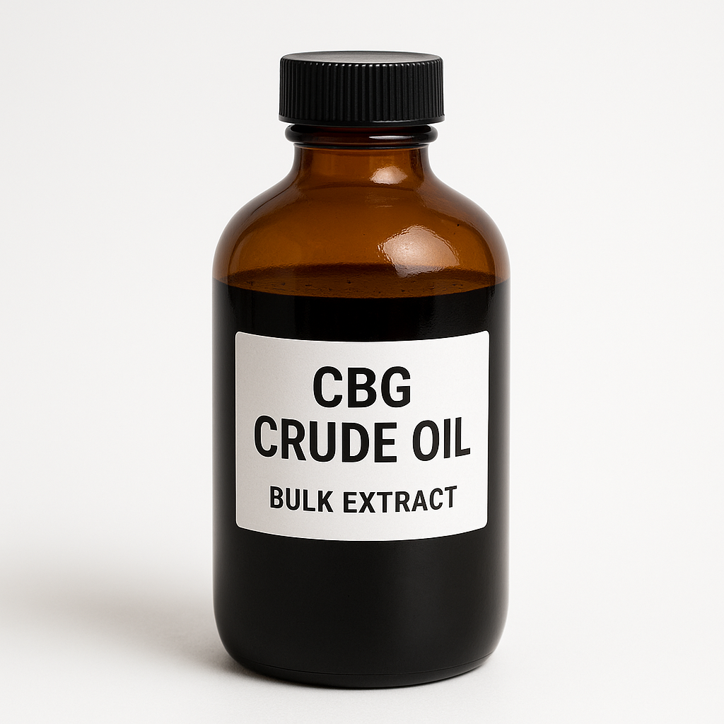 Neuroxtracts CBG crude oil bottle, amber glass with black ribbed cap and label