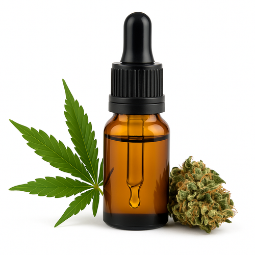 Amber CBD oil dropper bottle with black cap, cannabis leaves and buds beside it