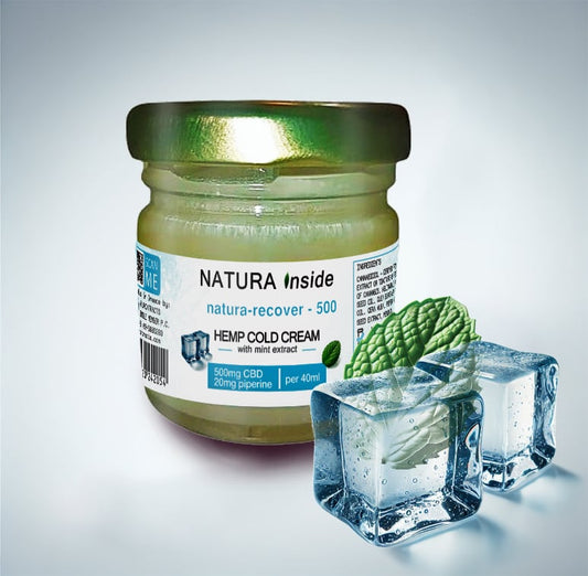 Natura Inside hemp cold cream jar, green glass lid and cream label, with hemp leaf accents