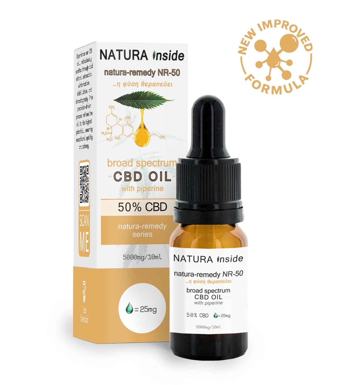 Broad spectrum 50% CBD hemp oil 10 ml bottle with dropper and Natura Inside box