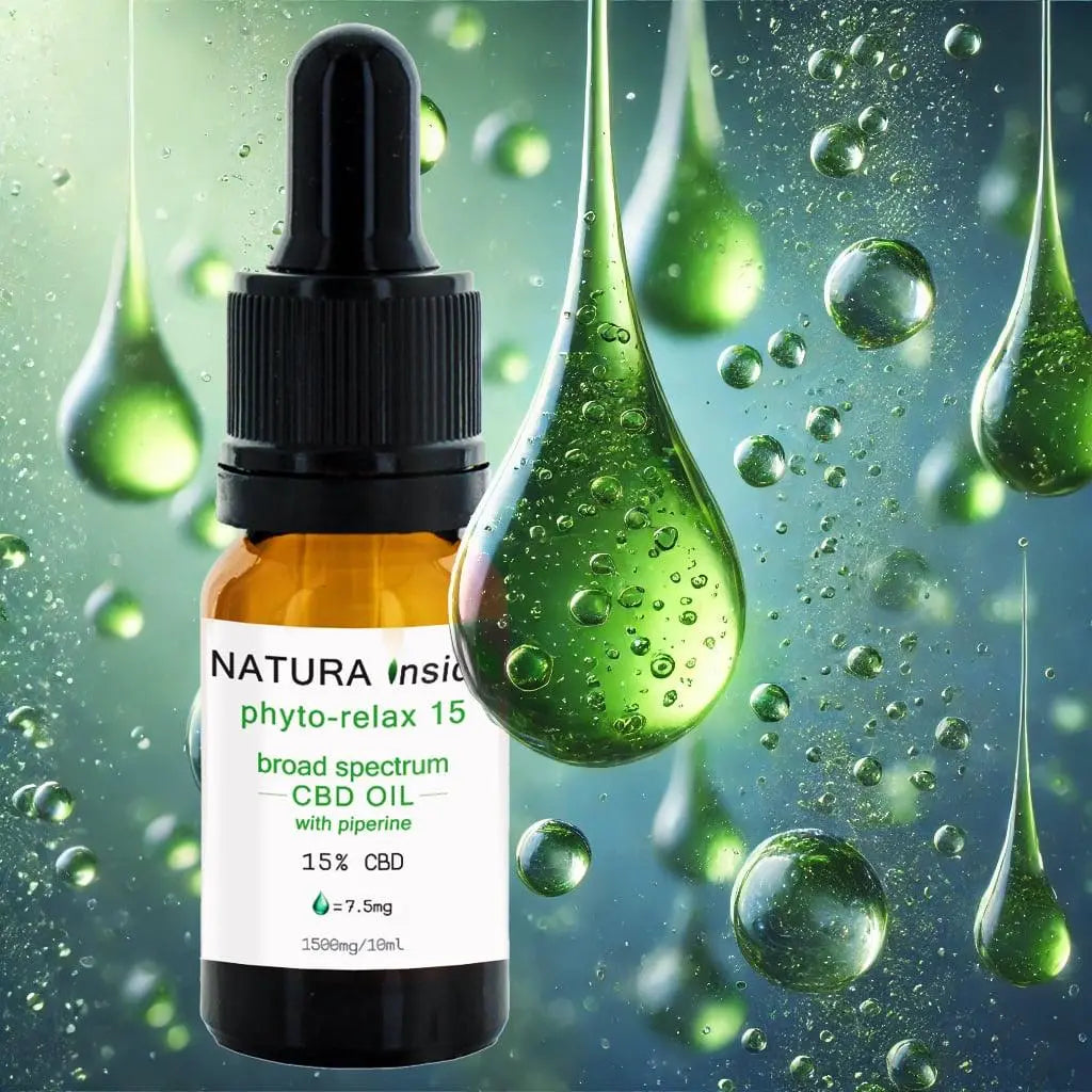 Broad spectrum CBD oil bottle with black dropper cap, amber glass, 15% CBD