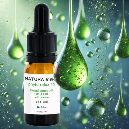 Broad spectrum CBD oil bottle with black dropper cap, amber glass, 15% CBD