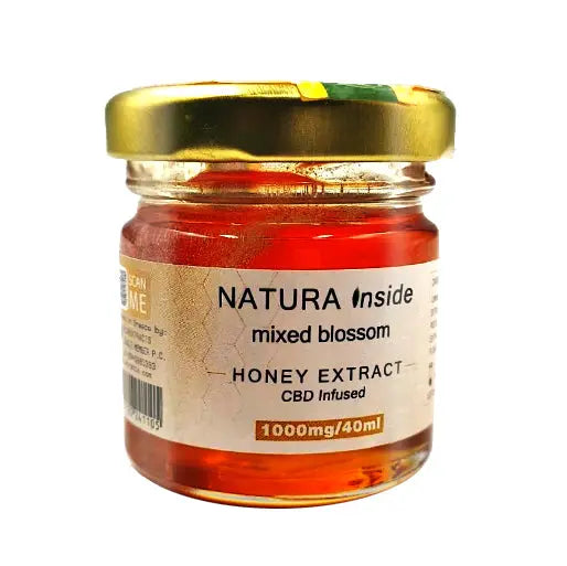 CBD honey extract jar, Natura Inside mixed blossom Honey Extract label, gold lid