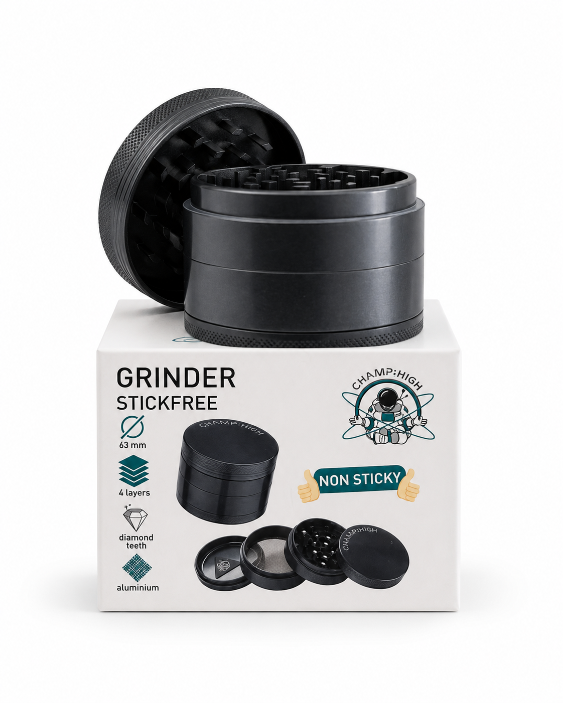 CHAMP HIGH Stickfree 4-Piece Aluminium Grinder – Black, 63 mm