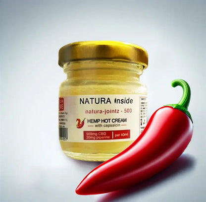 Hemp hot cream jar with gold lid, amber label and chili capsaicin logo