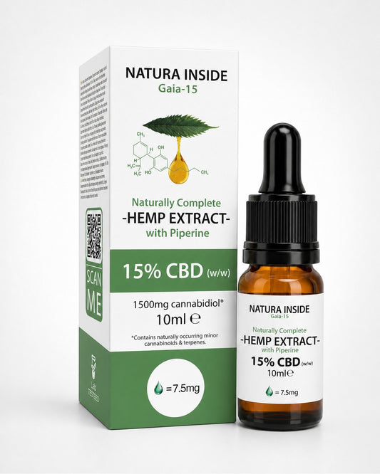 Full spectrum CBD oil bottle with dropper and Natura Inside Gaia 15 hemp extract box