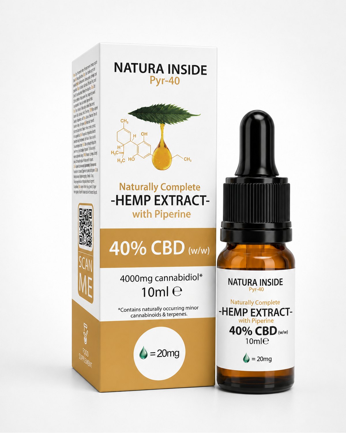 CBD oil bottle with dropper and hemp extract box, 40% CBD, 10 ml