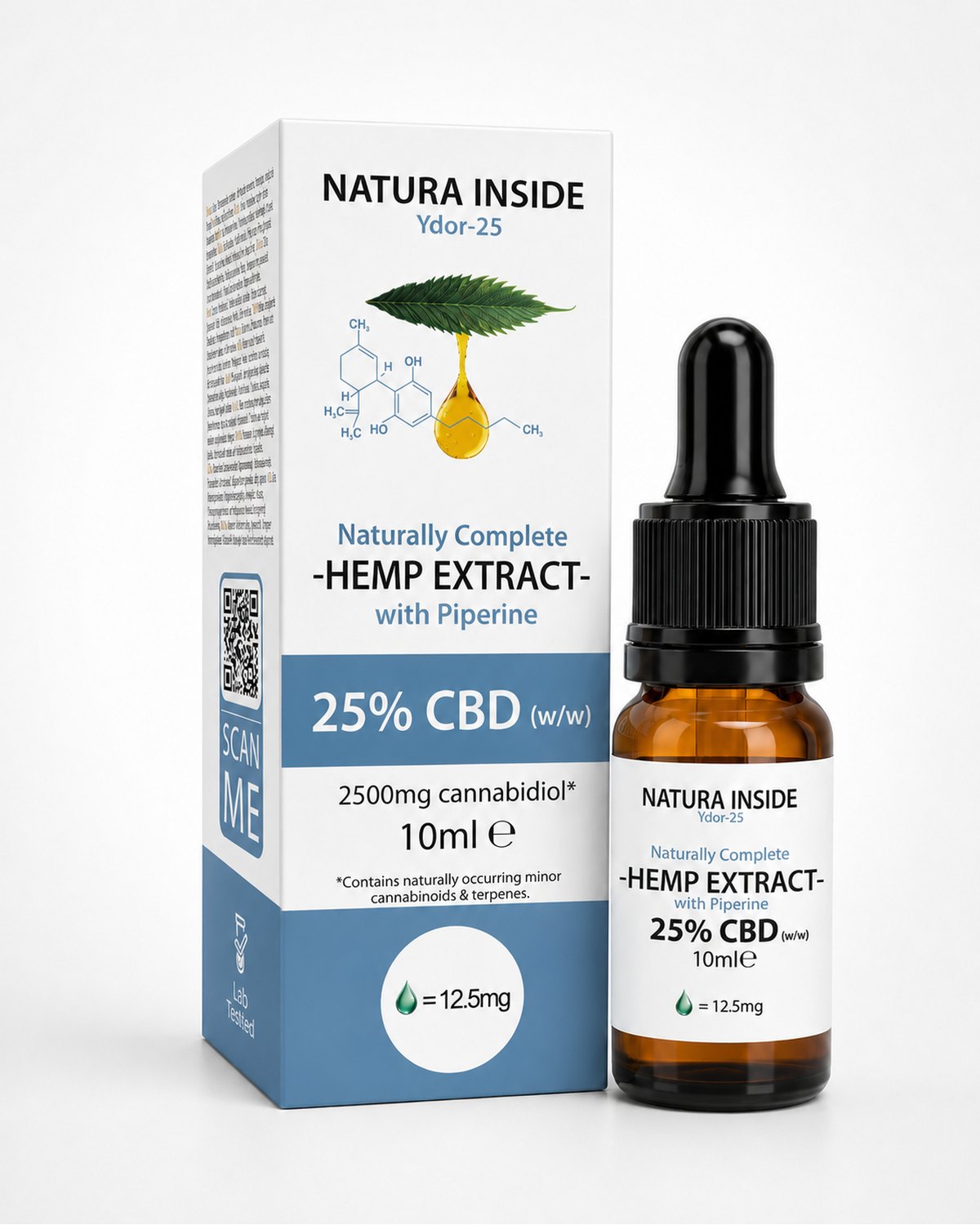 CBD hemp extract oil 10ml amber bottle with black dropper cap and matching box