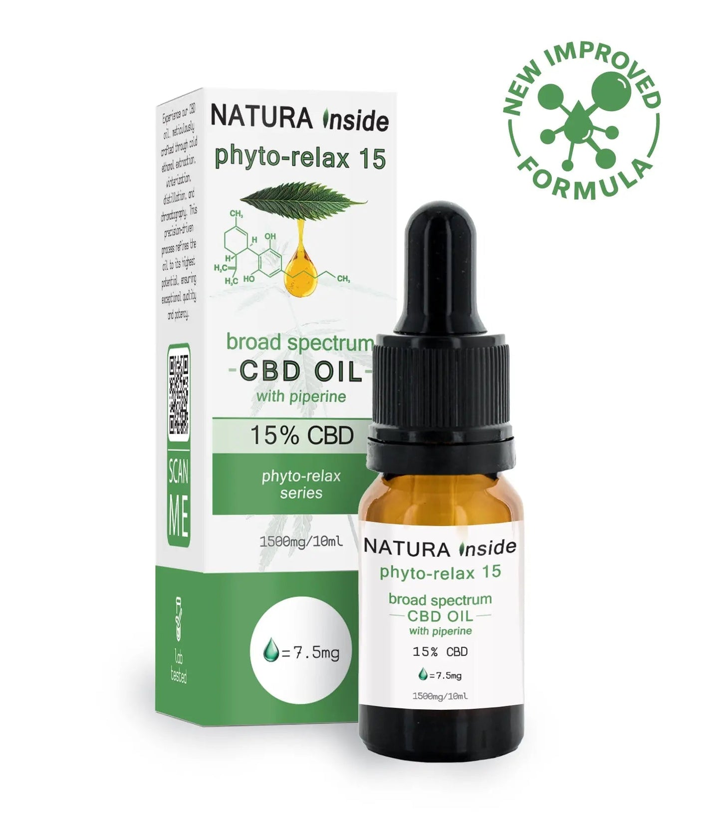 Broad spectrum CBD oil bottle with black dropper cap, Natura Inside 15% CBD