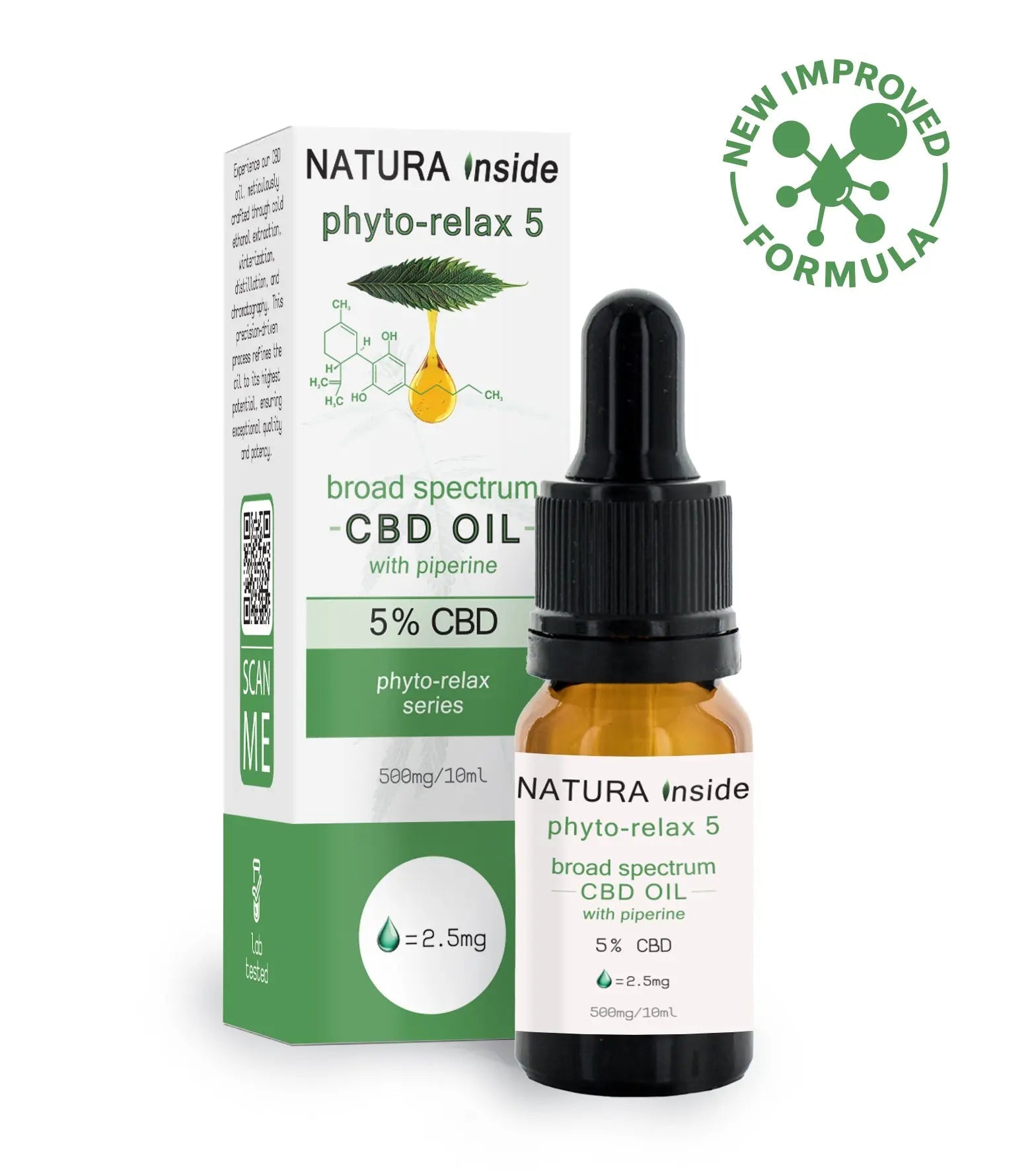 Broad spectrum CBD oil bottle with amber dropper and green Natura box, 10ml