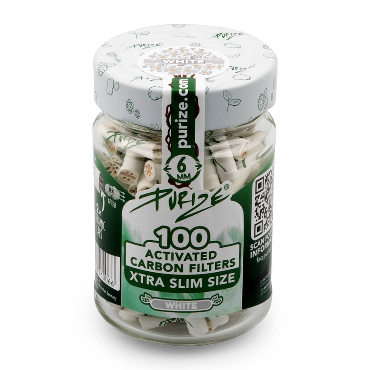 PURIZE XTRA Slim 6 mm — Jar of 100 Filters — White