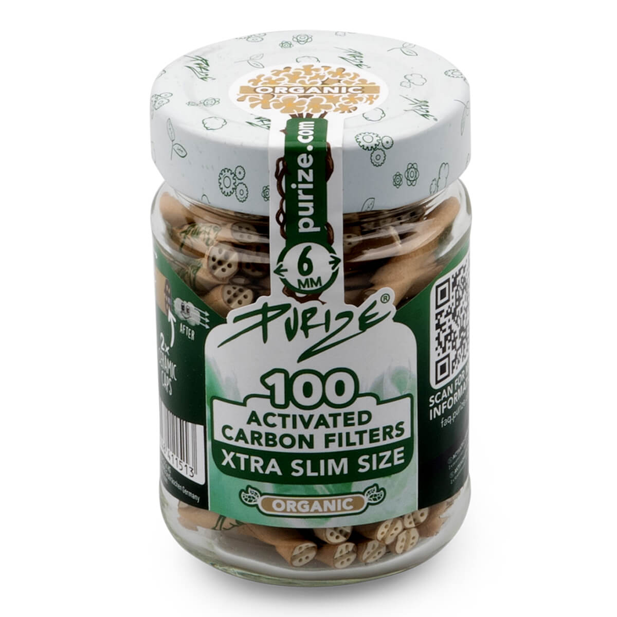 PURIZE XTRA Slim 6 mm — Jar of 100 Filters — Organic