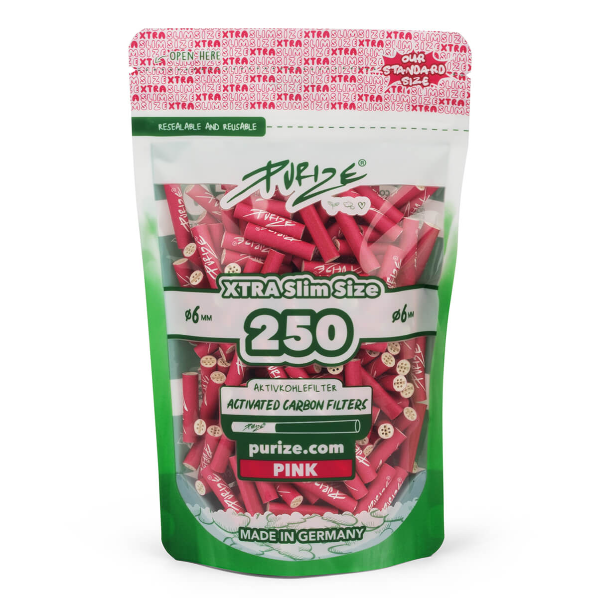 PURIZE XTRA Slim 6 mm — Pack of 250 Filters — Pink